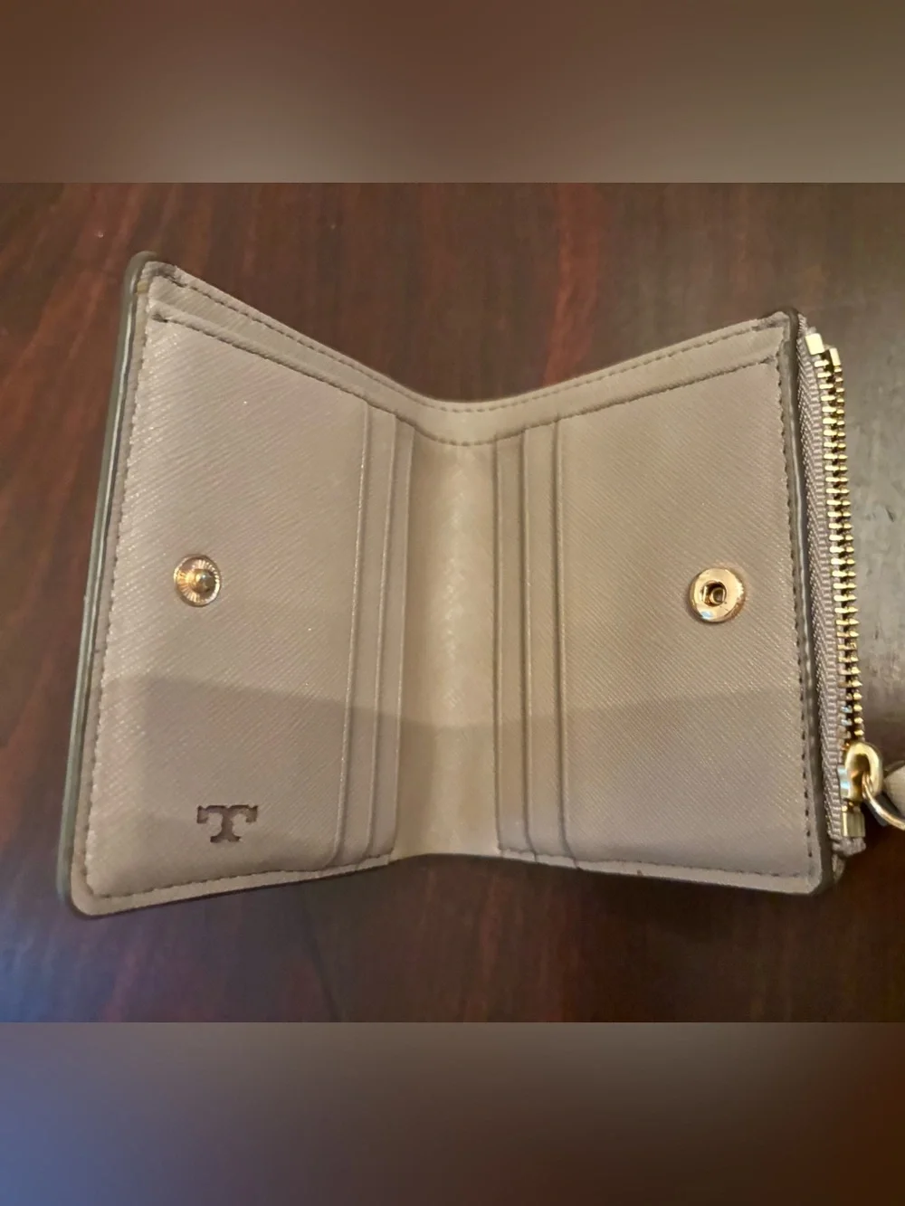 Tory Burch Taupe Leather Zip Card Wallet with Gold Logo